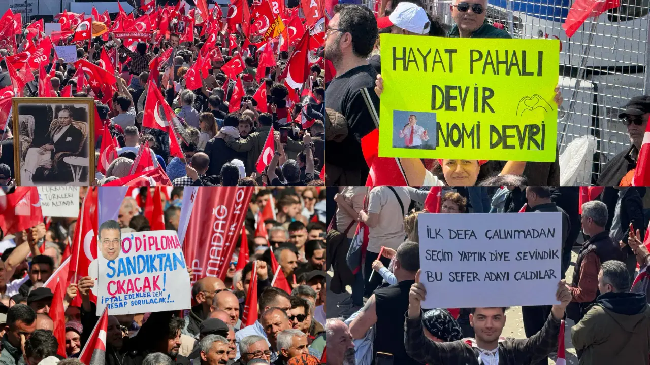 Tarihi miting meydanında yurttaşlar taleplerini birbirinden ilginç dövizlerle dile getirdi. Atatürk görselleri de her köşedeydi. 