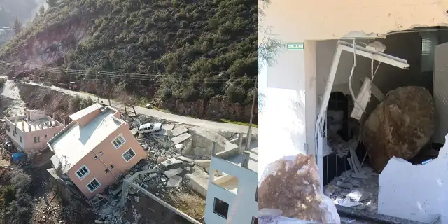 Depremle birlikte dev kayalar yağdı, evler göçük altında