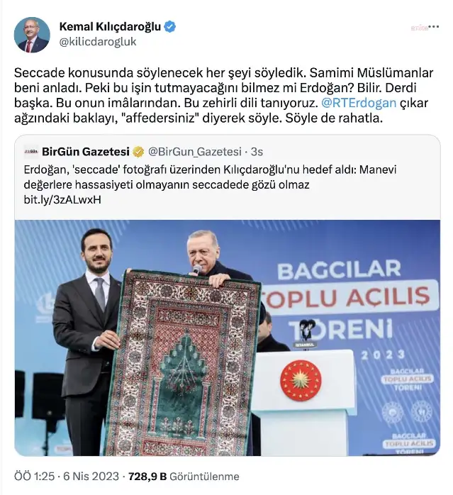 Kılıçdaroğlu’ndan Erdoğan’a ‘seccade’ yanıtı: bu zehirli dili tanıyoruz