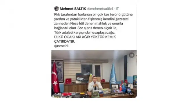 Bursa Ülkü Ocakları Başkanı Mehmet Saltık, gazeteci Neşe İdil'i tehdit etti