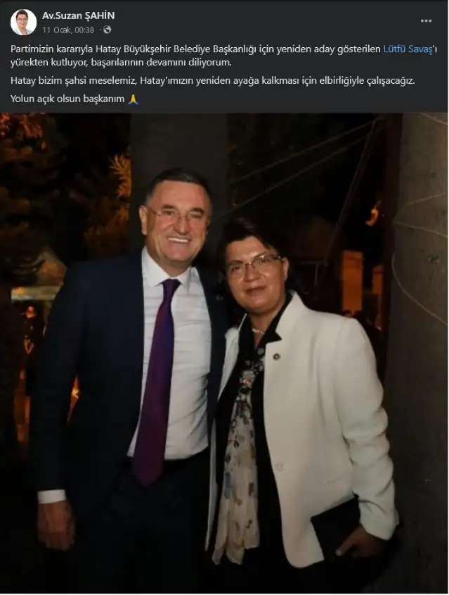 Lütfü Savaş'ın adaylığını ilk tebrik edenler arasındaydı! Suzan Şahin'e Hatay Büyükşehir teklifi