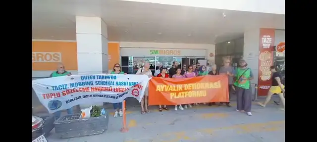 Ayvalık'ta Migros önünde 'Queen Flowers' protestosu: Kadının gözyaşıyla üretiliyor, boykot edelim