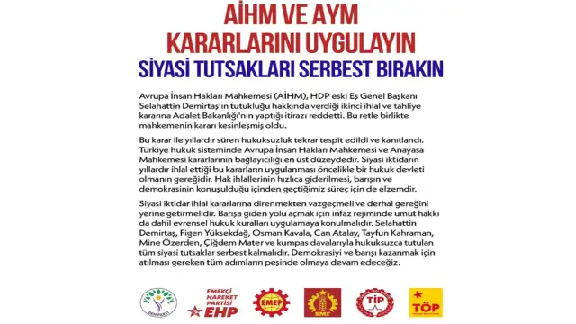 DEM Parti, EHP, EMEP, TİP, TÖP ve SMF'den çağrı: AİHM ve AYM kararları uygulansın