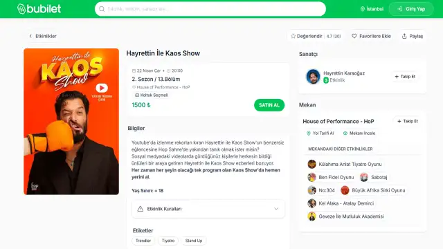 Eğlencenin Kalbi Bubilet: Hayrettin Kaos Show'dan Konserlere Uzanan Benzersiz Deneyimler